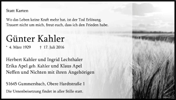 Anzeige von Günter Kahler von Kölner Stadt-Anzeiger / Kölnische Rundschau / Express