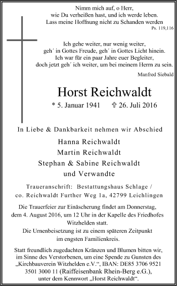 Anzeige von Horst Reichwaldt von Kölner Stadt-Anzeiger / Kölnische Rundschau / Express