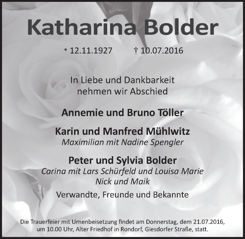 Traueranzeige für Katharina Bolder vom 20.07.2016 aus  Kölner Wochenspiegel 