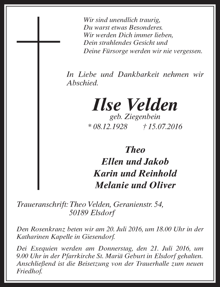  Traueranzeige für Ilse Velden vom 20.07.2016 aus  Werbepost 