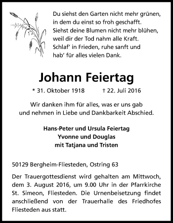 Anzeige von Johann Feiertag von Kölner Stadt-Anzeiger / Kölnische Rundschau / Express