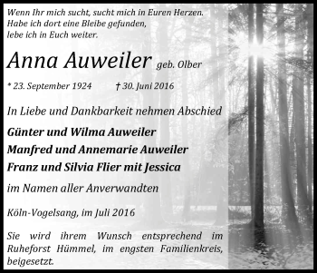 Anzeige von Anna Auweiler von Kölner Stadt-Anzeiger / Kölnische Rundschau / Express