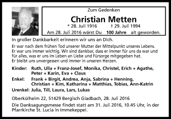 Anzeige von Christian Metten von Kölner Stadt-Anzeiger / Kölnische Rundschau / Express