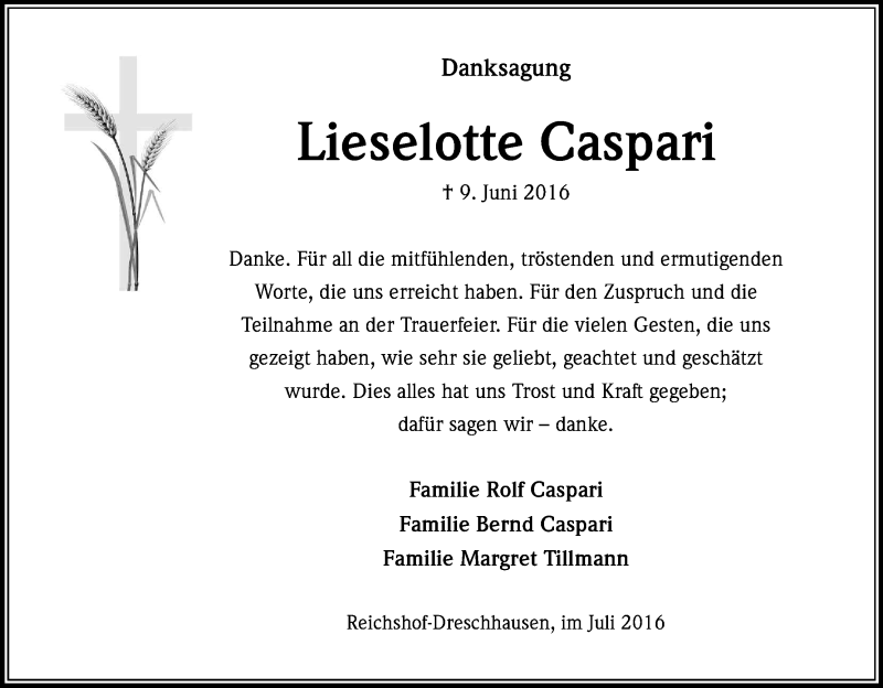  Traueranzeige für Lieselotte Caspari vom 30.07.2016 aus Kölner Stadt-Anzeiger / Kölnische Rundschau / Express