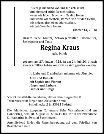 Anzeige von Regina Kraus von Kölner Stadt-Anzeiger / Kölnische Rundschau / Express