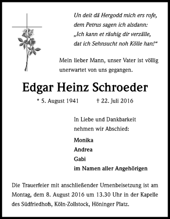 Anzeige von Edgar Heinz Schroeder von Kölner Stadt-Anzeiger / Kölnische Rundschau / Express