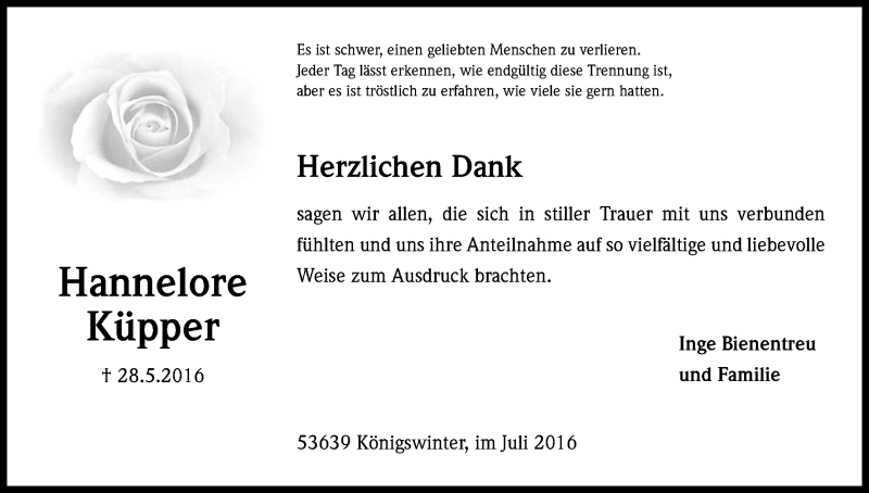  Traueranzeige für Hannelore Küpper vom 16.07.2016 aus Kölner Stadt-Anzeiger / Kölnische Rundschau / Express