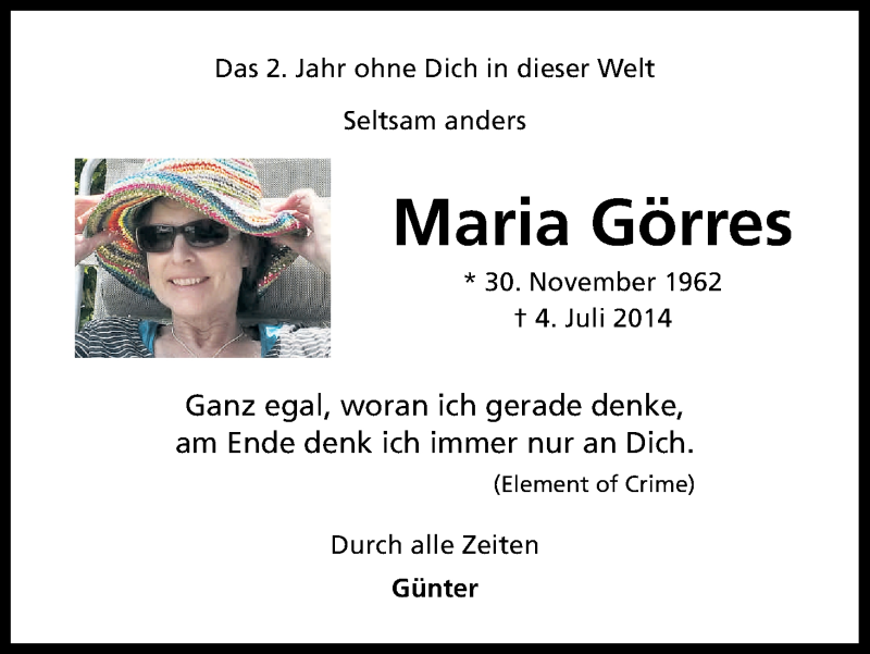  Traueranzeige für Maria Görres vom 16.07.2016 aus Kölner Stadt-Anzeiger / Kölnische Rundschau / Express