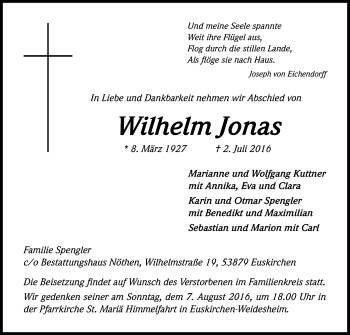 Anzeige von Wilhelm Jonas von Kölner Stadt-Anzeiger / Kölnische Rundschau / Express