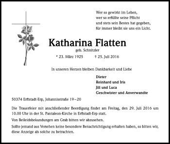 Anzeige von Katharina Flatten von Kölner Stadt-Anzeiger / Kölnische Rundschau / Express