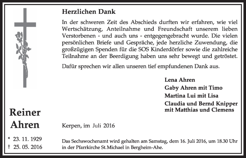  Traueranzeige für Reiner Ahren vom 09.07.2016 aus  Sonntags-Post 