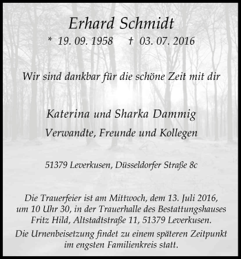 Anzeige von Erhard Schmidt von Kölner Stadt-Anzeiger / Kölnische Rundschau / Express