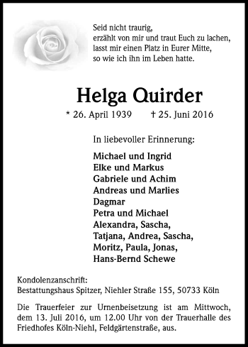 Anzeige von Helga Quirder von Kölner Stadt-Anzeiger / Kölnische Rundschau / Express
