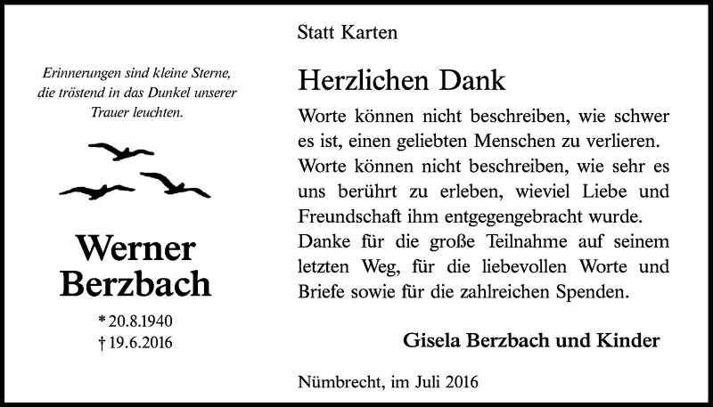  Traueranzeige für Werner Berzbach vom 27.07.2016 aus  Lokalanzeiger 