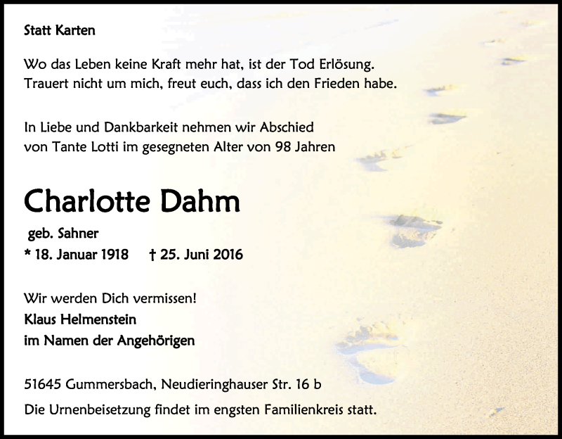  Traueranzeige für Charlotte Dahm vom 16.07.2016 aus Kölner Stadt-Anzeiger / Kölnische Rundschau / Express