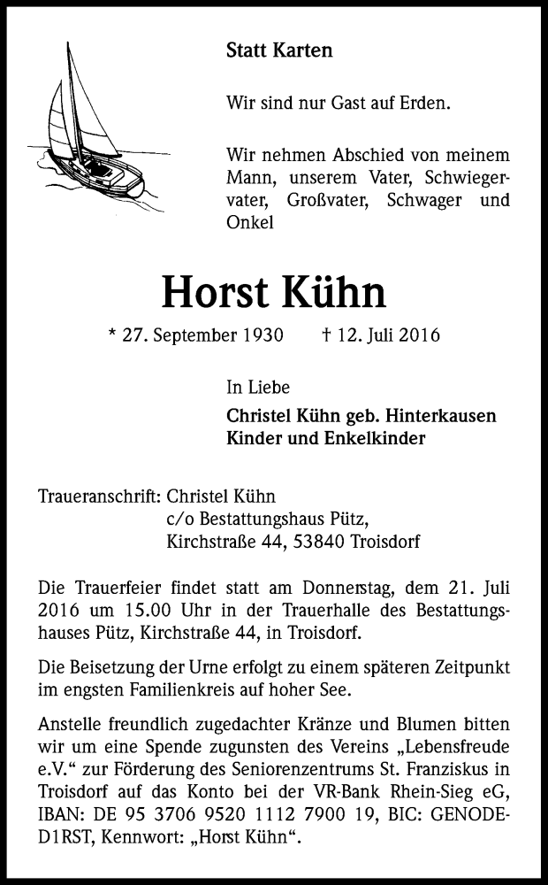  Traueranzeige für Horst Kühn vom 16.07.2016 aus Kölner Stadt-Anzeiger / Kölnische Rundschau / Express