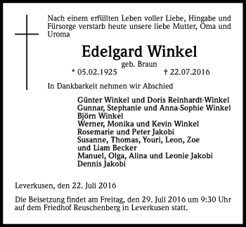 Anzeige von Edelgard Winkel von Kölner Stadt-Anzeiger / Kölnische Rundschau / Express