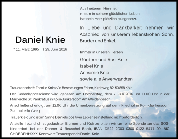 Anzeige von Daniel Knie von Kölner Stadt-Anzeiger / Kölnische Rundschau / Express