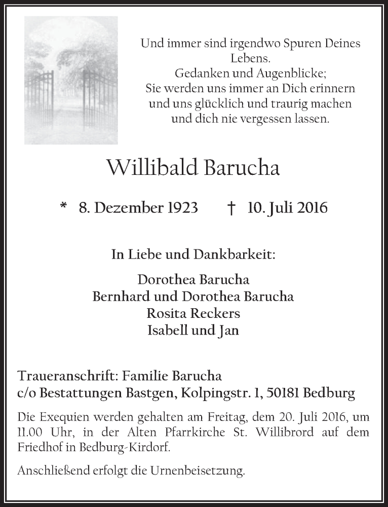  Traueranzeige für Willibald Barucha vom 16.07.2016 aus  Sonntags-Post 