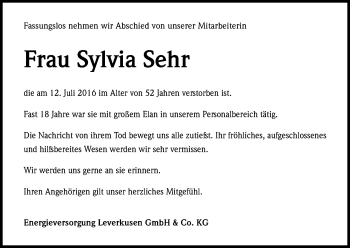 Anzeige von Sylvia Sehr von Kölner Stadt-Anzeiger / Kölnische Rundschau / Express