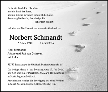 Anzeige von Norbert Schmandt von Kölner Stadt-Anzeiger / Kölnische Rundschau / Express