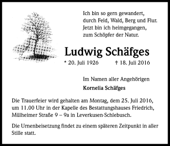 Anzeige von Ludwig Schäfges von Kölner Stadt-Anzeiger / Kölnische Rundschau / Express