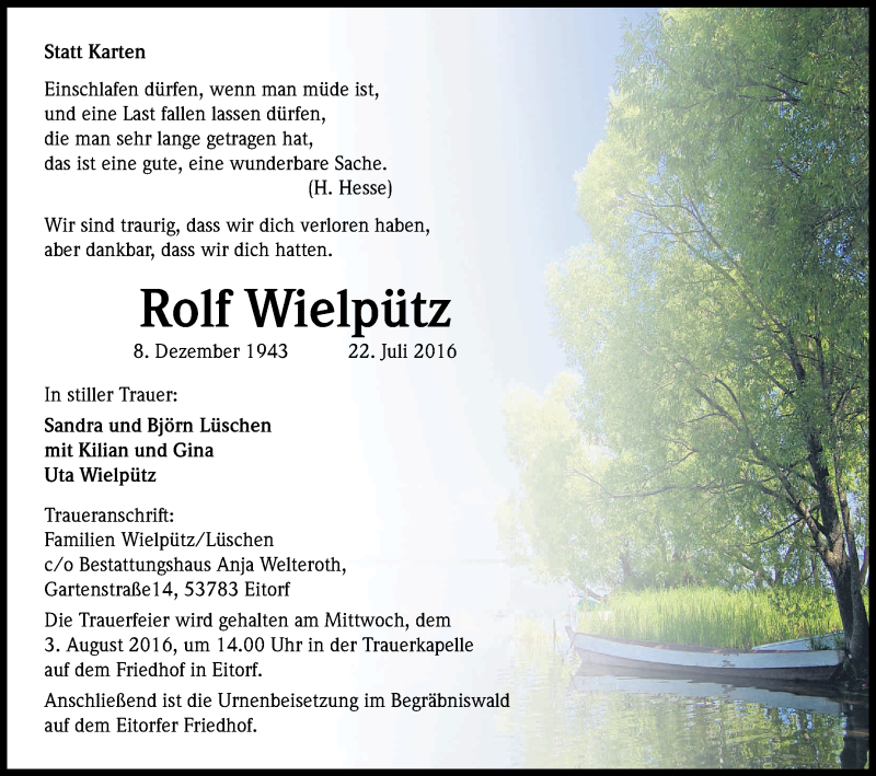  Traueranzeige für Rolf Wielpütz vom 30.07.2016 aus Kölner Stadt-Anzeiger / Kölnische Rundschau / Express