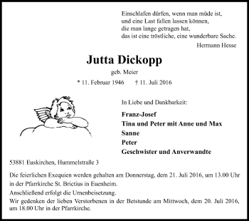 Anzeige von Jutta Dickopp von Kölner Stadt-Anzeiger / Kölnische Rundschau / Express
