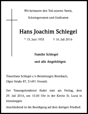 Anzeige von Hans Joachim Schlegel von Kölner Stadt-Anzeiger / Kölnische Rundschau / Express