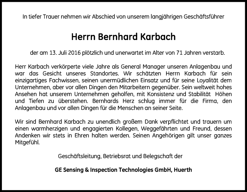  Traueranzeige für Bernhard Karbach vom 23.07.2016 aus Kölner Stadt-Anzeiger / Kölnische Rundschau / Express