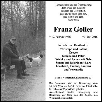 Anzeige von Franz Goller von Kölner Stadt-Anzeiger / Kölnische Rundschau / Express