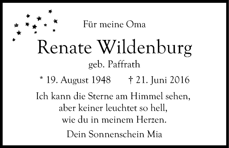  Traueranzeige für Renate Wildenburg vom 02.07.2016 aus Kölner Stadt-Anzeiger / Kölnische Rundschau / Express