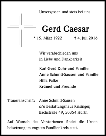Anzeige von Gerd Caesar von Kölner Stadt-Anzeiger / Kölnische Rundschau / Express