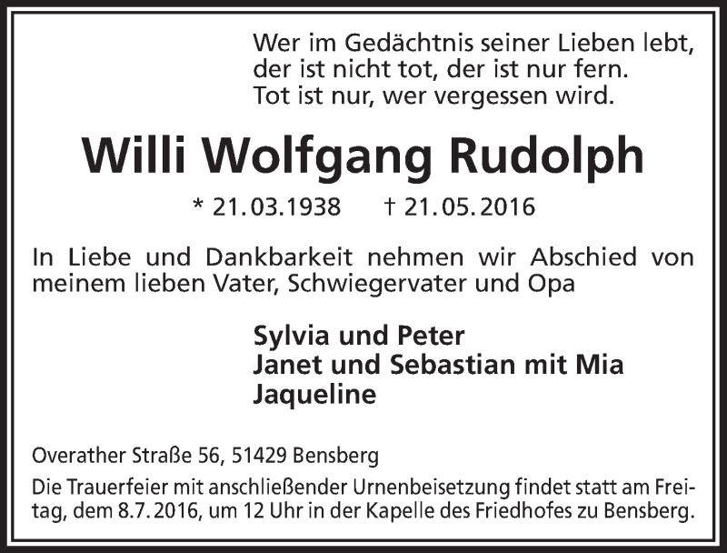  Traueranzeige für Willi Wolfgang Rudolph vom 02.07.2016 aus  Bergisches Sonntagsblatt 