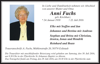 Anzeige von Anni Fuchs von  Werbepost 