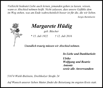 Anzeige von Margarete Hüdig von Kölner Stadt-Anzeiger / Kölnische Rundschau / Express