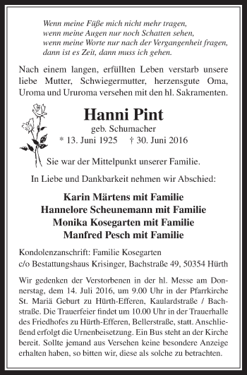 Anzeige von Hanni Pint von  Wochenende 
