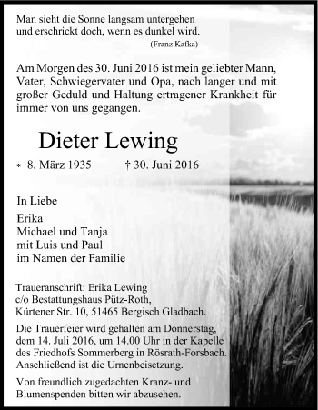 Anzeige von Dieter Lewing von Kölner Stadt-Anzeiger / Kölnische Rundschau / Express