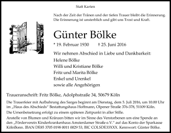 Anzeige von Günter Bölke von Kölner Stadt-Anzeiger / Kölnische Rundschau / Express