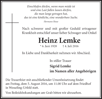 Anzeige von Heinz Lemke von  Schlossbote/Werbekurier 