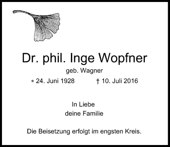 Anzeige von Inge Wopfner von Kölner Stadt-Anzeiger / Kölnische Rundschau / Express