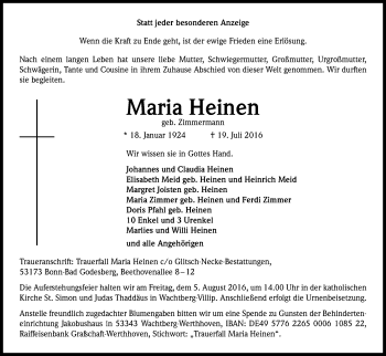 Anzeige von Maria Heinen von Kölner Stadt-Anzeiger / Kölnische Rundschau / Express