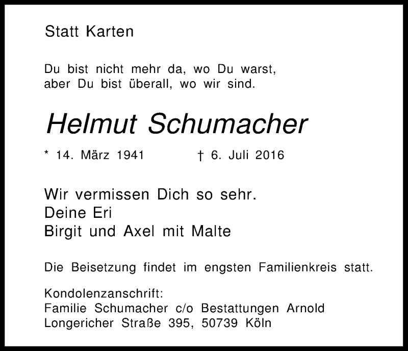  Traueranzeige für Helmut Schumacher vom 16.07.2016 aus Kölner Stadt-Anzeiger / Kölnische Rundschau / Express