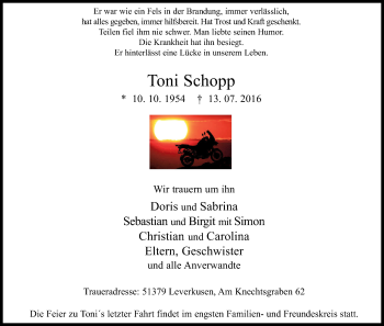 Anzeige von Toni Schopp von Kölner Stadt-Anzeiger / Kölnische Rundschau / Express