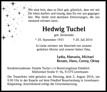 Anzeige von Hedwig Tuchel von Kölner Stadt-Anzeiger / Kölnische Rundschau / Express