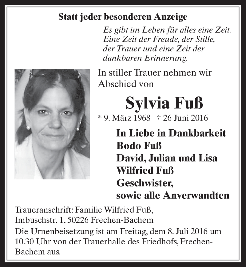  Traueranzeige für Sylvia Fuß vom 06.07.2016 aus  Wochenende 