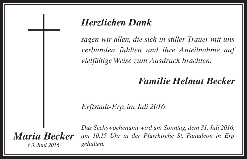  Traueranzeige für Maria Becker vom 27.07.2016 aus  Werbepost 