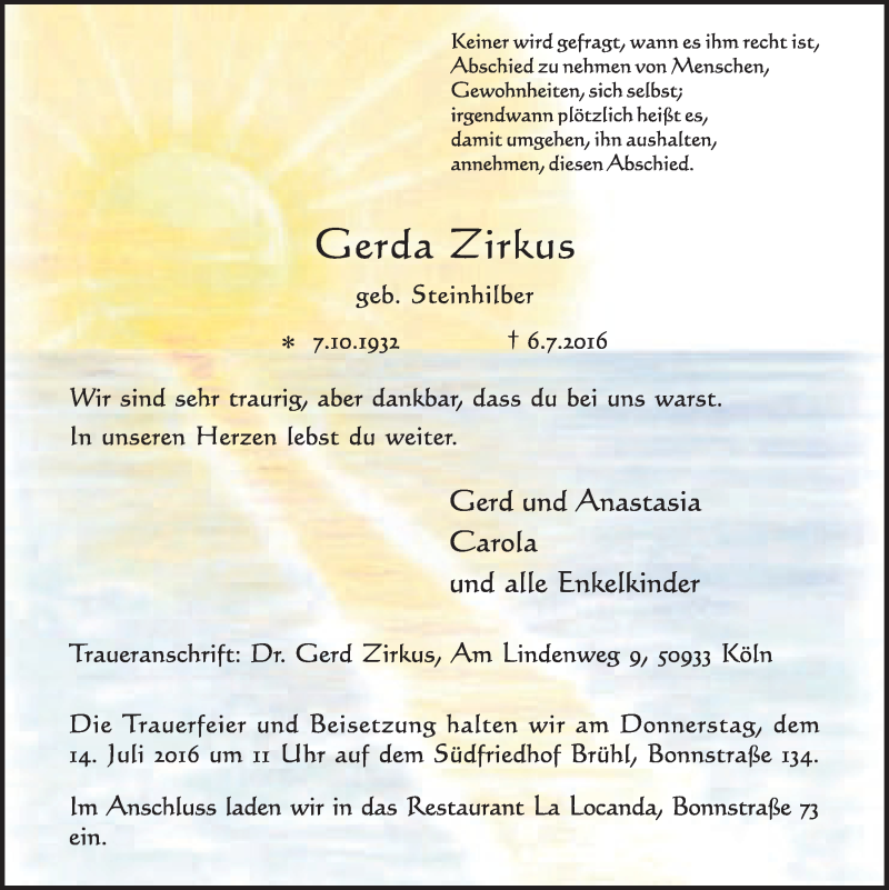  Traueranzeige für Gerda Zirkus vom 13.07.2016 aus  Schlossbote/Werbekurier 
