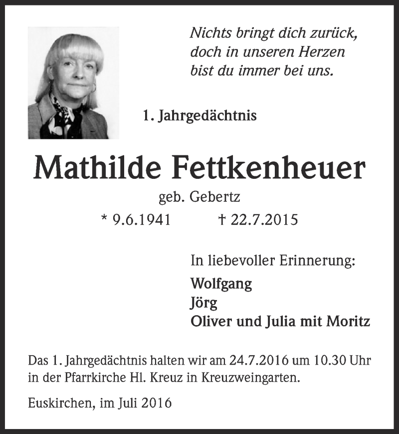  Traueranzeige für Mathilde Fettkenheuer vom 16.07.2016 aus  Blickpunkt Euskirchen 