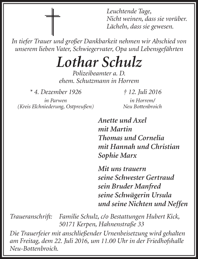  Traueranzeige für Lothar Schulz vom 16.07.2016 aus  Sonntags-Post 